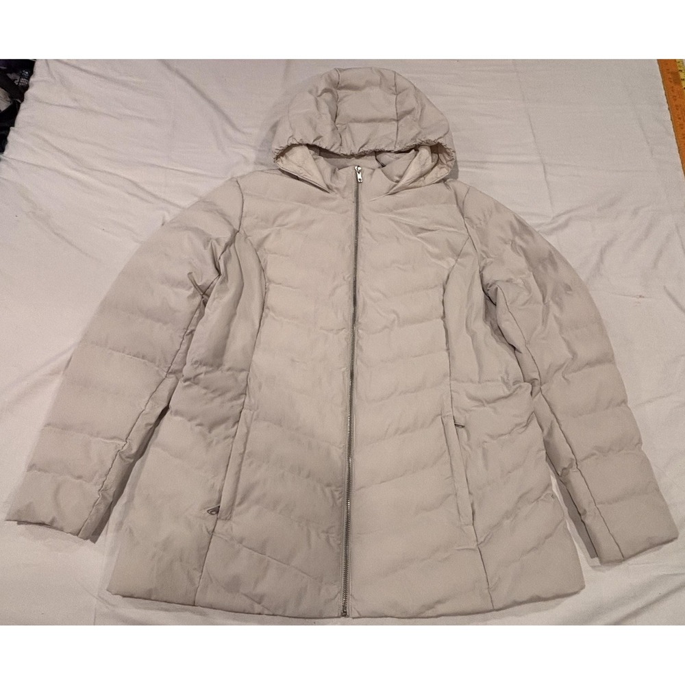 32 Degrees Heat Puffer Coat Womens Large Beige Hooded Quilted Mid Length Warm